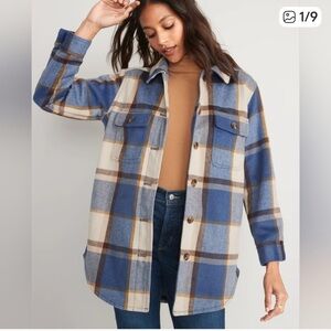 Old Navy Blue White Plaid Soft-Brushed Utility Shacket for Women Size‎ XL  EUC
